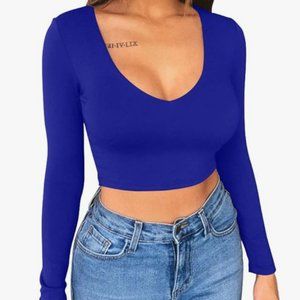 NWT Bodycon Basic Scoop Neck Long Sleeve Royal Blue Crop Top in Medium